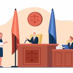 Female attorney standing in front of judge and talking