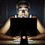 мужчина удивлённо смотрит на экран компьютера, изображение сгенерировано ИИ