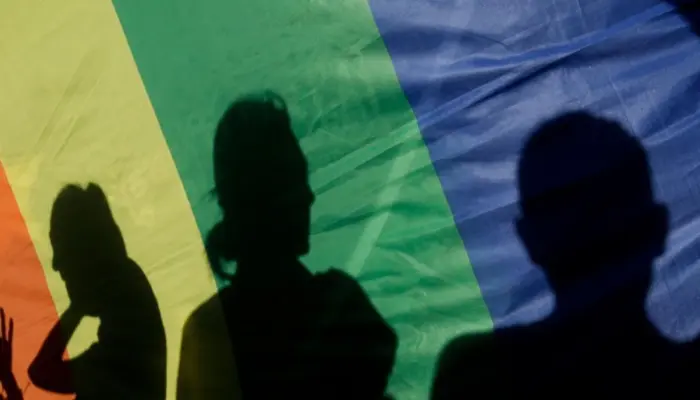 на изобрадении полотно радужного прайд-флага, на котором видны тени нескольких людей
