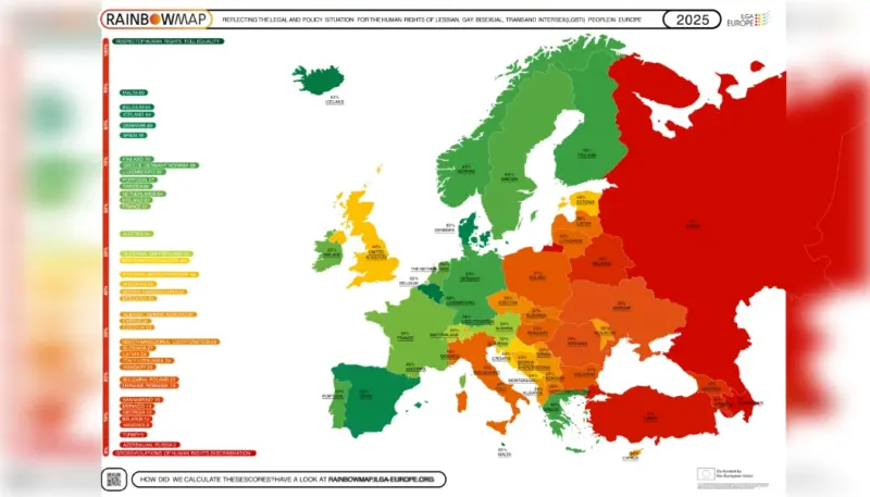 Карта Европы с цветовой разметкой стран по рейтингу правового положения ЛГБТ+