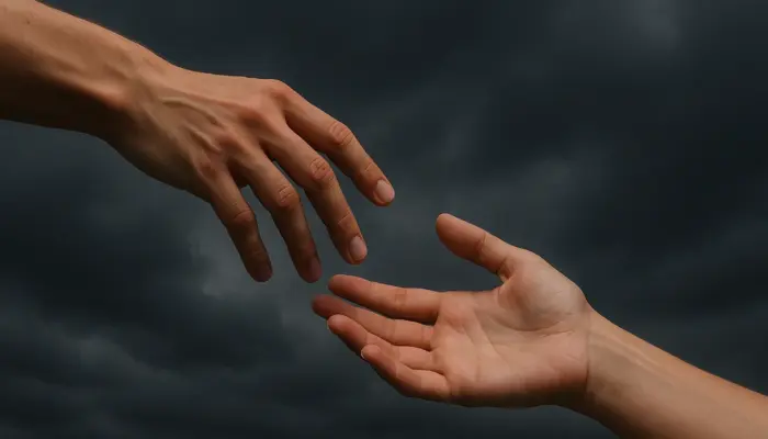 две руки тянутся друг к другу, одна выше, другая ниже