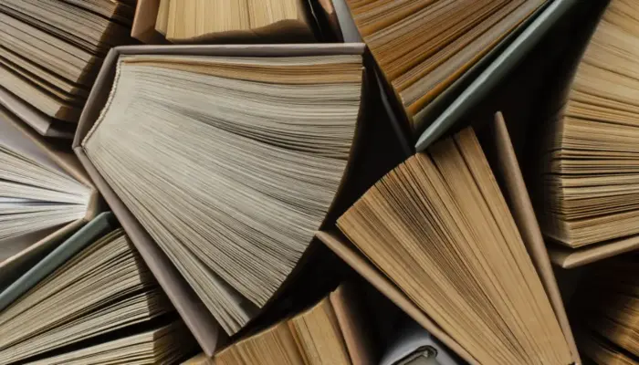 много частично раскрытых книг, не видно ни обложки, ни содержимого