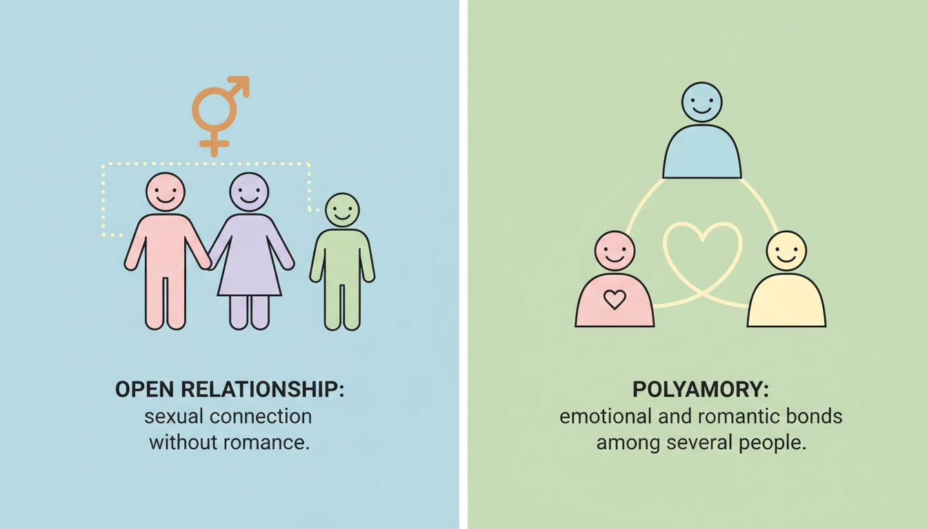 схематичное изображение отношений трёх людей: слева открытые отношения (двое в отношениях, третий отдельно), справа полиамория (все трое в отношениях)