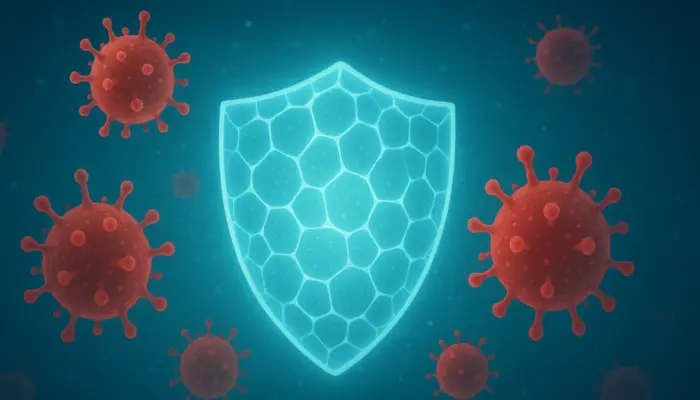 Условное изображение щита в окружении вирусных частиц ВИЧ