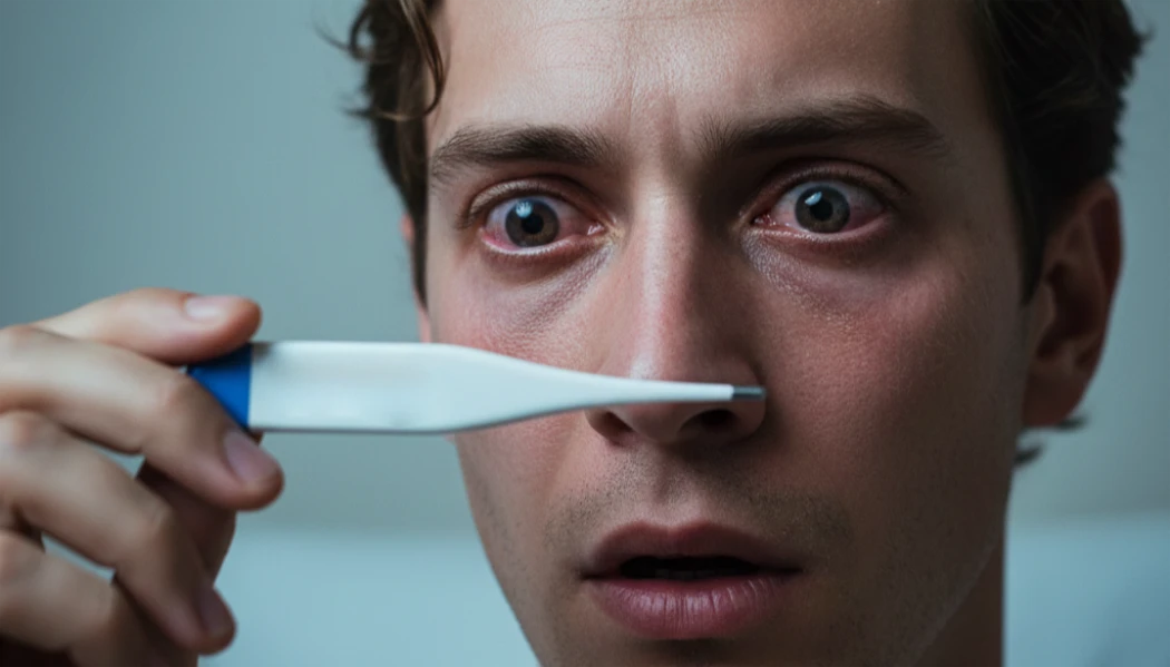 крупным планом лицо молодого человека с воспалёнными глазами, он смотрит на градусник: у него синдром восстановления иммунитета и острый воспалительный процесс при ВИЧ в начале ления АРТ