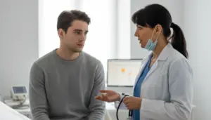 Молодой человек на приеме у врача обсуждает профилактику и лечение осложнений ВИЧ