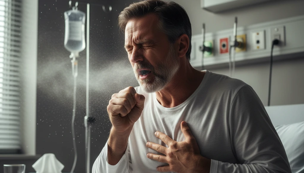 мужчина в больничной палате тяжело кашляет: пневмония и туберкулёз могут быть осложнением при ВИЧ и СПИДе