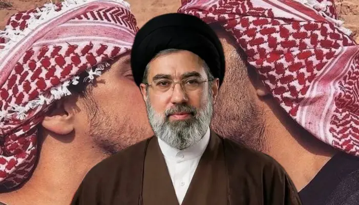 верховный лидер Ирана Можтаба Хоменеи на фоне целующихся мужчин