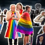 Три ЛГБТ-активиста в окружении гомофобов, коллаж