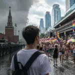 Сгенерированное изображение: молодой мужчина находится между двух ситуация, Бангкок Прайд 2026 с правой стороны и оцепленный ОМОНом Кремль слева