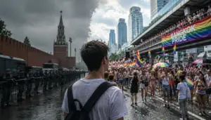 Сгенерированное изображение: молодой мужчина находится между двух ситуация, Бангкок Прайд 2026 с правой стороны и оцепленный ОМОНом Кремль слева