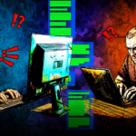 Два человека на контрастном фоне сурово печатают что-то на компьютерах, между ними изобраён абстрактный диалог в чате в виде облачков неразборчивого текста