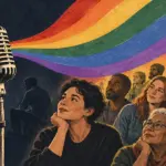 Иллюстрация с микрофоном, который делит мир на серый, холодный слева и яркий, тёплый и поддерживающий справа под символом радуги