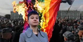 Юлия Цветкова на фоне горящего прайд-флага и ЛГБТ-акции