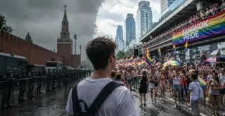 Сгенерированное изображение: молодой мужчина находится между двух ситуация, Бангкок Прайд 2026 с правой стороны и оцепленный ОМОНом Кремль слева