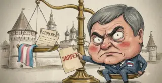 Карикатурный Володин перевесил на весах транс-флаг и справку, на фоне - Тобольский кремль. Изображение сгенерировано AI Gemini